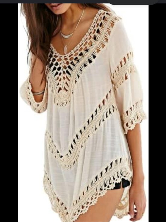 Tops - ✨5 For $25 Boho Crochet Trim Cream Tunic Top